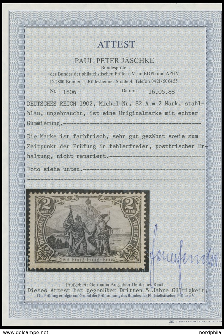 Dt. Reich 82A **, 1902, 2 M. Blau, Gezähnt A, Ohne Wz., Postfrisch, Pracht, Fotoattest Jäschke, Mi. 500.- - Usati