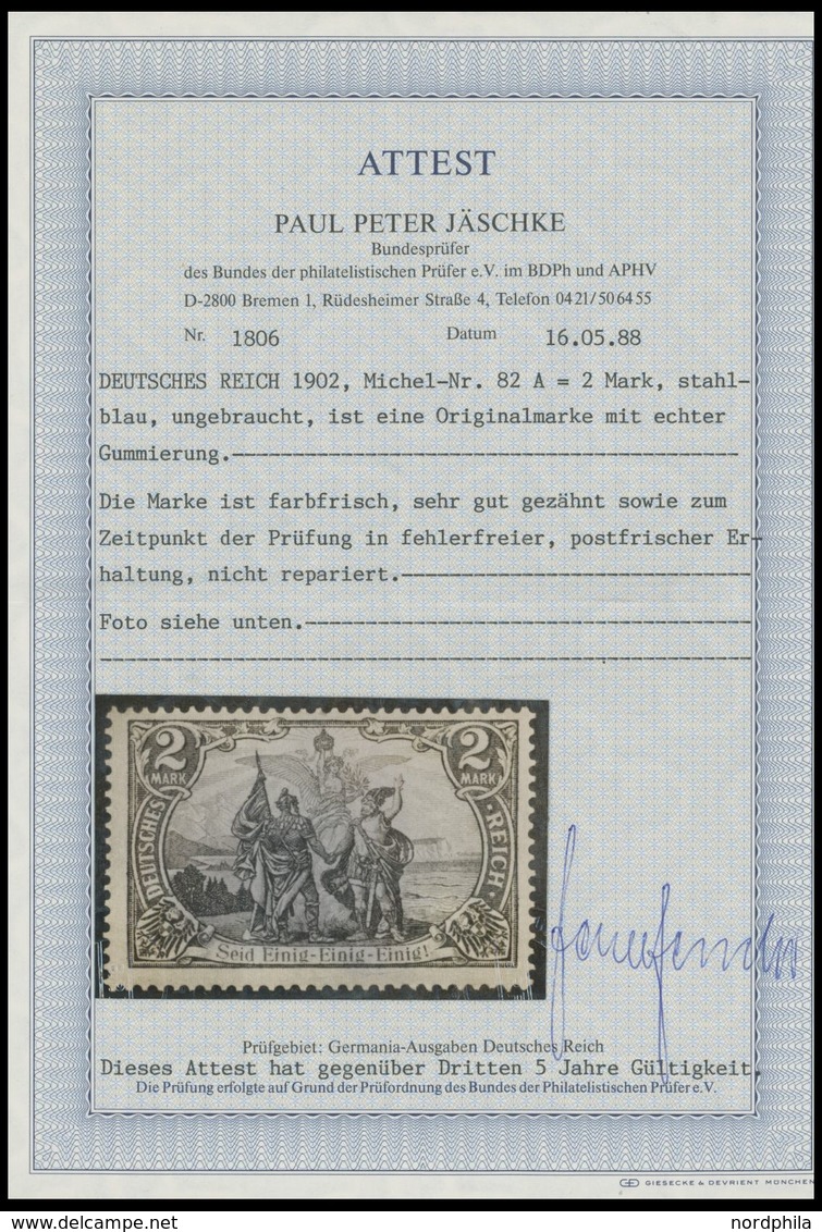 Dt. Reich 82A **, 1902, 2 M. Blau, Gezähnt A, Ohne Wz., Postfrisch, Pracht, Fotoattest Jäschke, Mi. 500.- - Usados