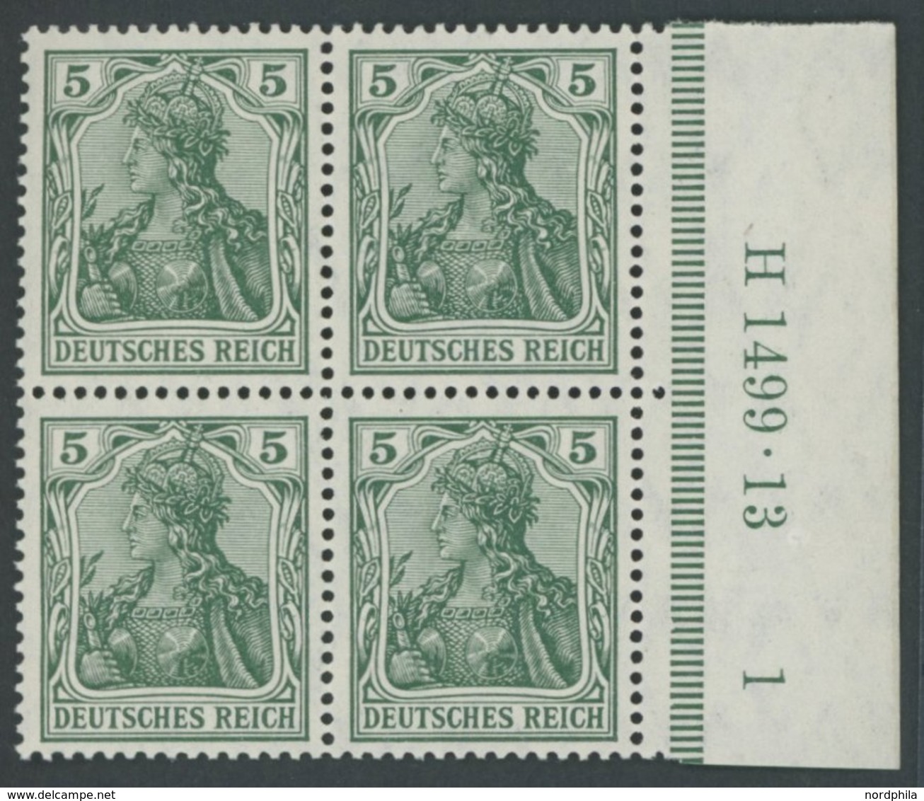 Dt. Reich 85Ia HAN VB **, 1905, 5 Pf. Grün Friedensdruck Im Randviererblock Mit HAN H 1499.13 Und Plattennummer 1, Postf - Usati