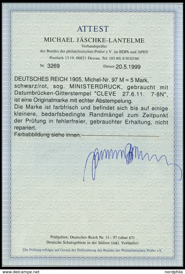 Dt. Reich 97AIM O, 1905, 5 M. Ministerdruck, Rahmen Dunkelgelbocker Quarzend, Fotoattest Jäschke-L.: Die Marke Ist Farbf - Gebraucht