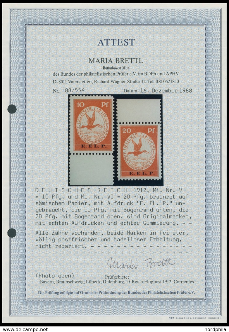 Dt. Reich V/VI **, 1912, 10 Und 20 Pf. E.EL.P., 2 Postfrische Randstücke, Pracht, Fotoattest Brettl, Mi. 2450.- - Oblitérés