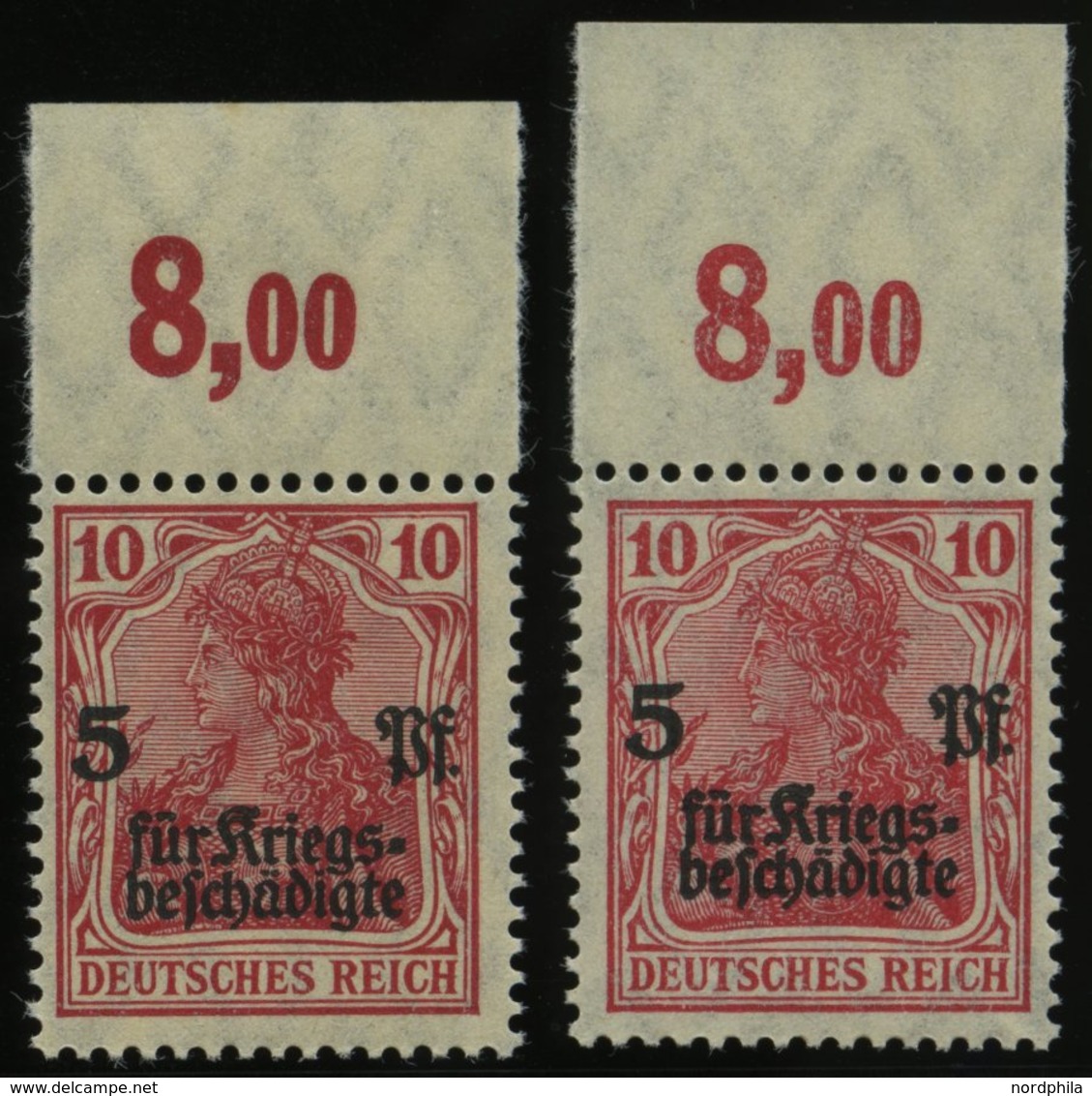 Dt. Reich 105aPOR **, 1919, 10 Pf. Rot Kriegsgeschädigte, Plattendruck, Oberrandstück, 2 Verschiedene Nuancen, Pracht, G - Oblitérés