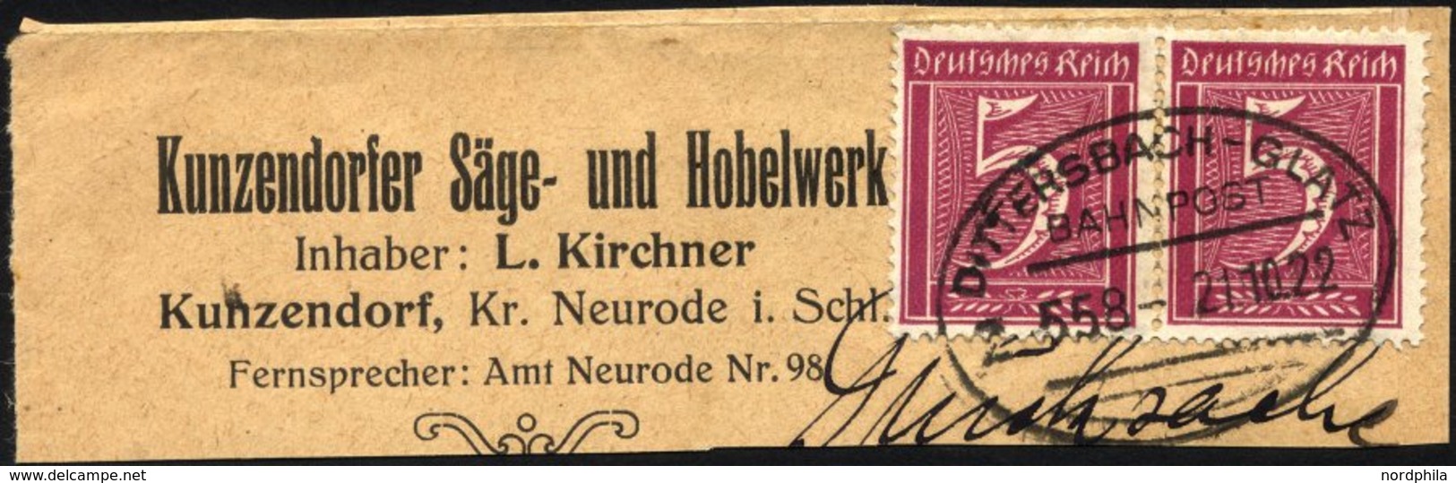 Dt. Reich 177 Paar BrfStk, 1922, 5 Pf. Lilakarmin, Wz. 2, Im Waagerechten Paar Auf Großem Briefstück Mit Bahnpoststempel - Gebraucht