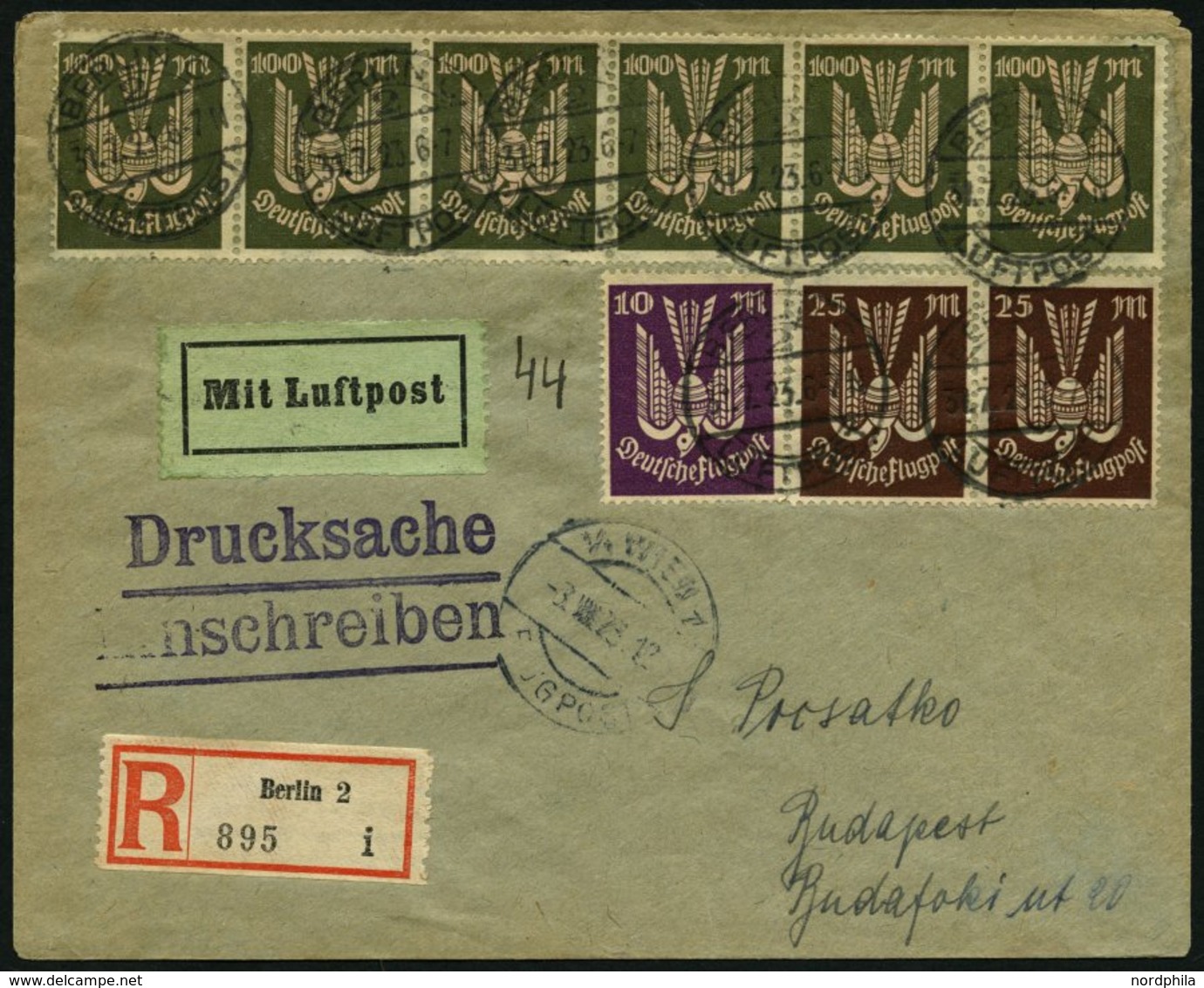 Dt. Reich 237,264/5 BRIEF, 1923, 100, 10 Und 25 M. Holztaube Auf Luftpost-Einschreib-Drucksache Von BERLIN über Wien Nac - Usati