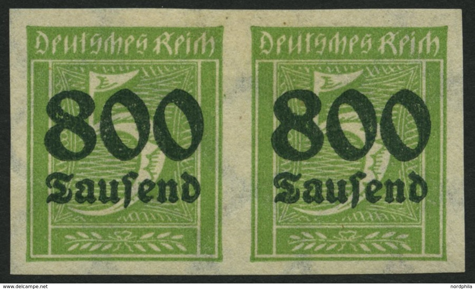 Dt. Reich 301U Paar *, 1923, 800 Tsd. Auf 5 Pf. Gelblichgrün, Ungezähnt Im Waagerechten Paar, Falzrest, Pracht, Signiert - Gebraucht