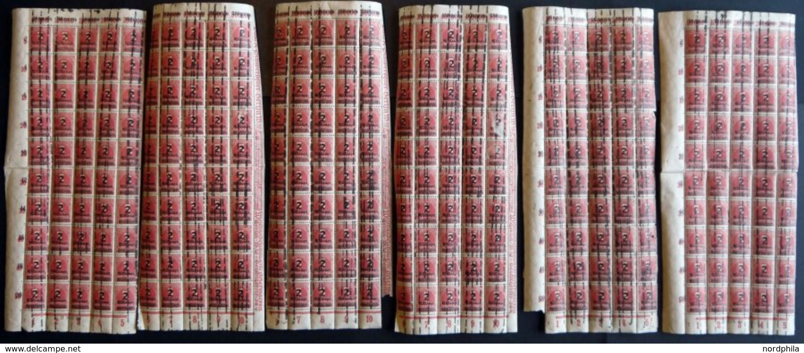Dt. Reich 312Aa O, 1923, 2 Mio. Auf 5000 M. Mattkarminrot In 3 Vollständigen Bogen (100) Jedoch Senkrecht Getrennt, Alle - Gebraucht