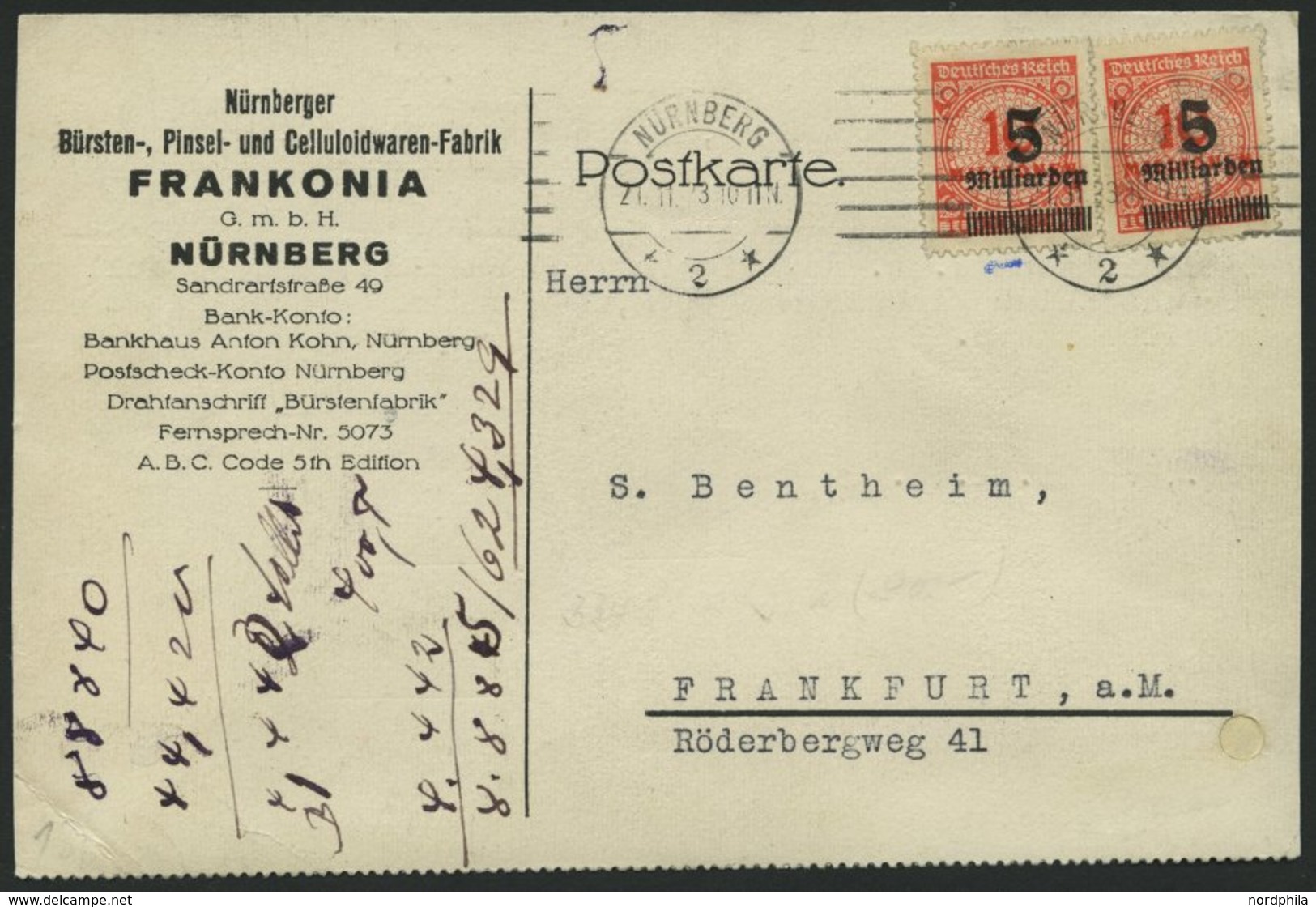 Dt. Reich 334B BRIEF, 1923, 5 Mrd. Auf 10 Mio. M. Zinnober, 2x Auf Portogerechter Bedarfskarte, Rechte Marke Gelocht, Li - Gebraucht