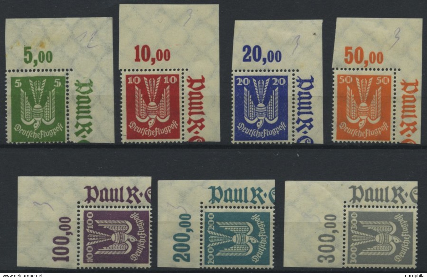 Dt. Reich 344-50 **, 1924, Holztaube, Je Aus Der Rechten Oberen Bogenecke, Falzrest Im Oberrand, Postfrischer Prachtsatz - Usati