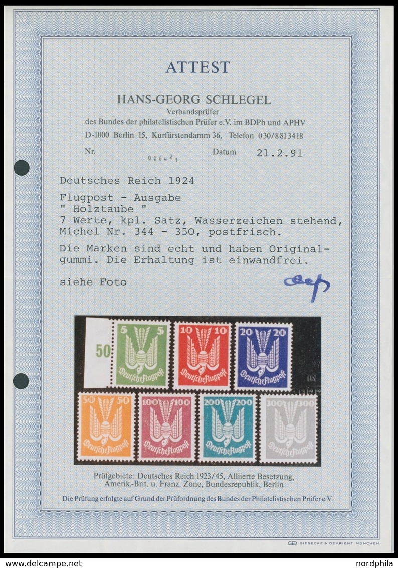 Dt. Reich 344-50 **, 1924, Holztaube, Postfrischer Prachtsatz, Unsigniert, Fotoattest H.G. Schlegel: Die Erhaltung Ist E - Gebraucht