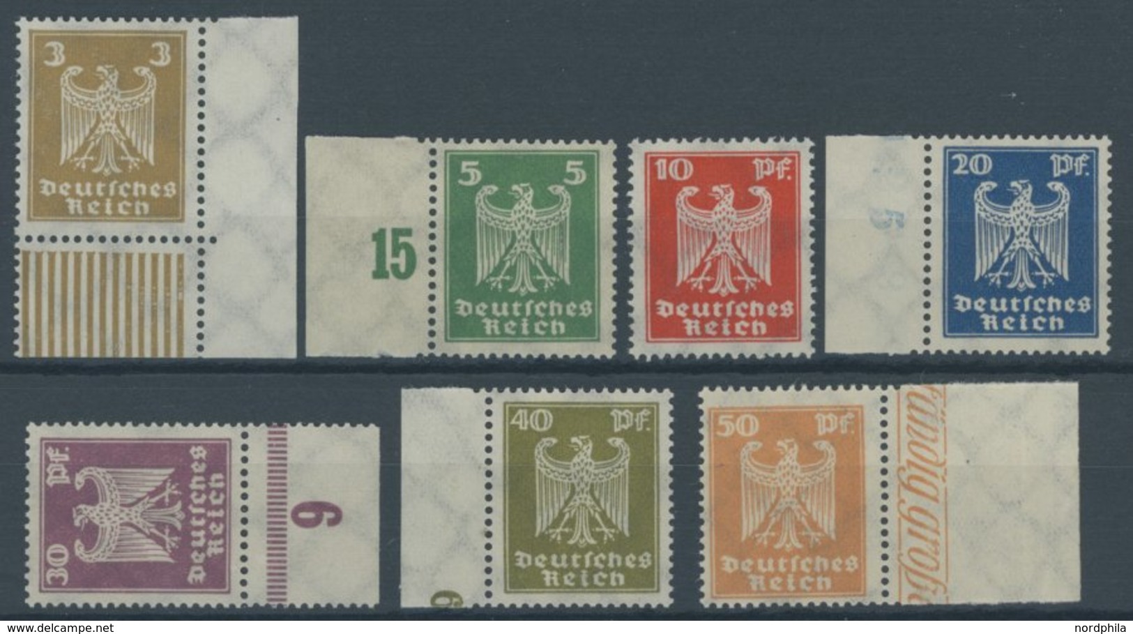 Dt. Reich 355-61 **, 1924, Reichsadler, Meist Randstücke, Postfrischer Prachtsatz, Gepr. Schlegel, Mi. 350.- - Usados