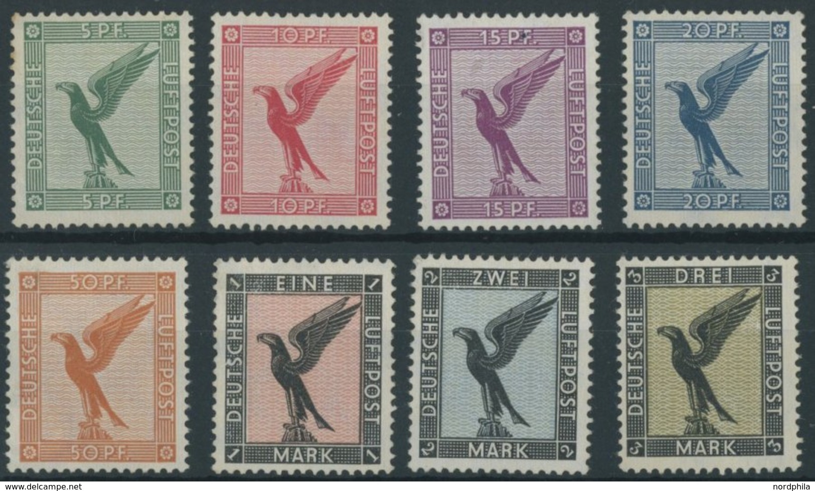 Dt. Reich 378-84 *, 1926, Adler, Teils Mehrere Falzreste, Normale Zähnung, Prachtsatz, Mi. 140.- - Oblitérés