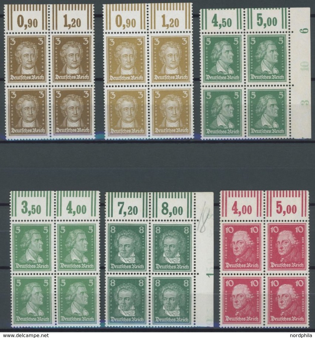 Dt. Reich 385-90WOR VB **, 1926, 3 - 10 Pf. Berühmte Deutsche, Walzendruck 2`9`2, Je Im Oberrandviererblock, Postfrisch  - Usados