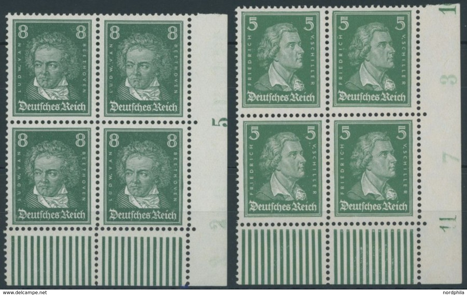 Dt. Reich 387,389 VB **, 1926, 5 Pf. Beethoven Und 8 Pf. Schiller, Je Im Viererblock Aus Der Rechten Unteren Bogenecke,  - Usados