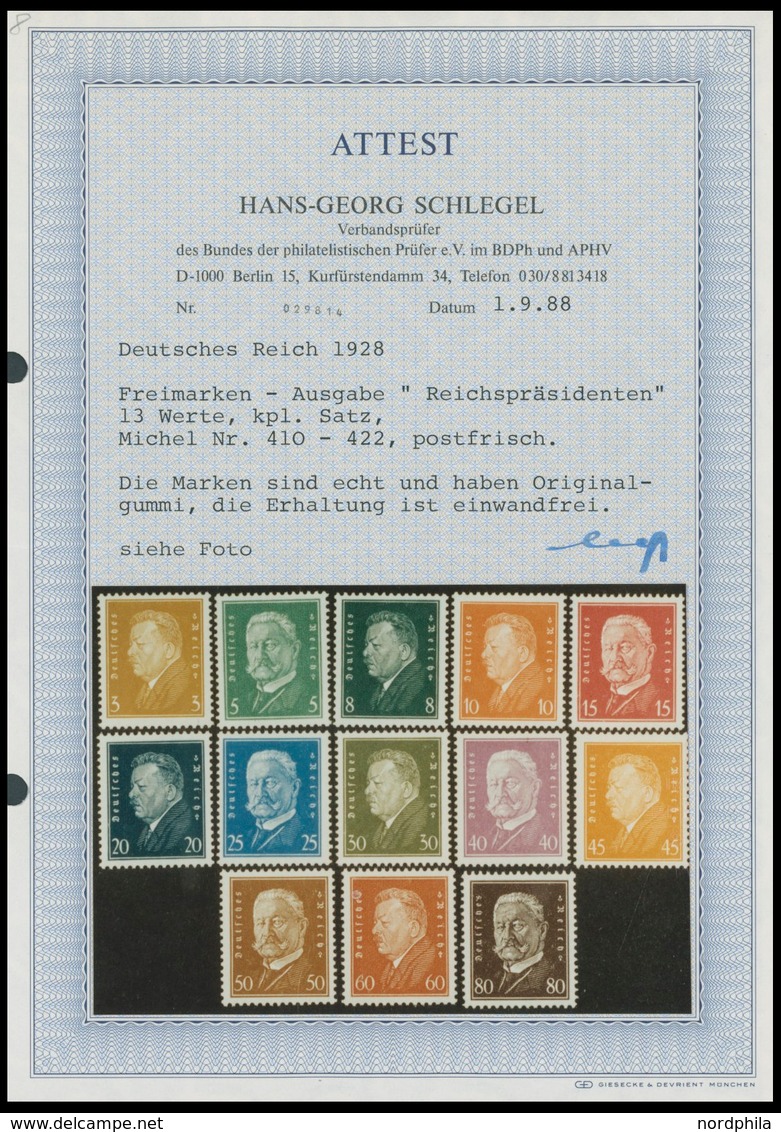 Dt. Reich 410-22 **, 1928, Reichspräsidenten, Postfrischer Prachtsatz, Signiert Schlegel Und Fotoattest H.G. Schlegel: D - Usati