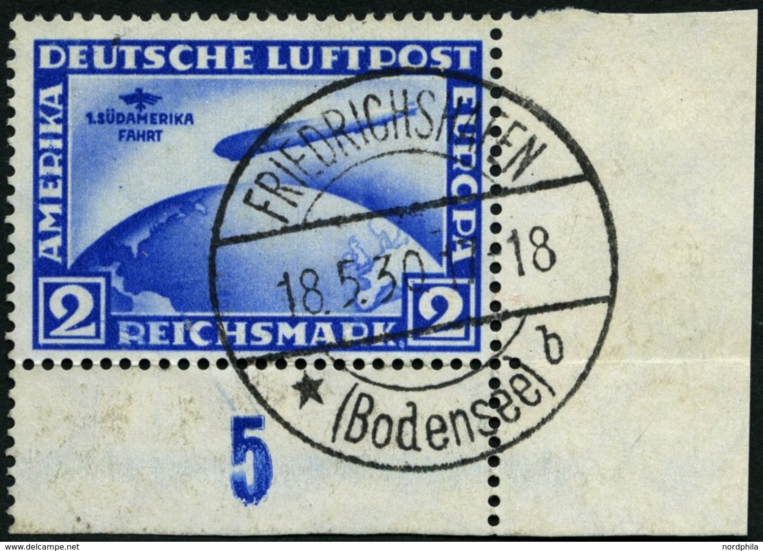 Dt. Reich 438X O, 1930, 2 RM Südamerikafahrt, Wz. Stehend, Untere Rechte Bogenecke (leicht Vorgefaltet), Feinst, Mi. (50 - Gebraucht