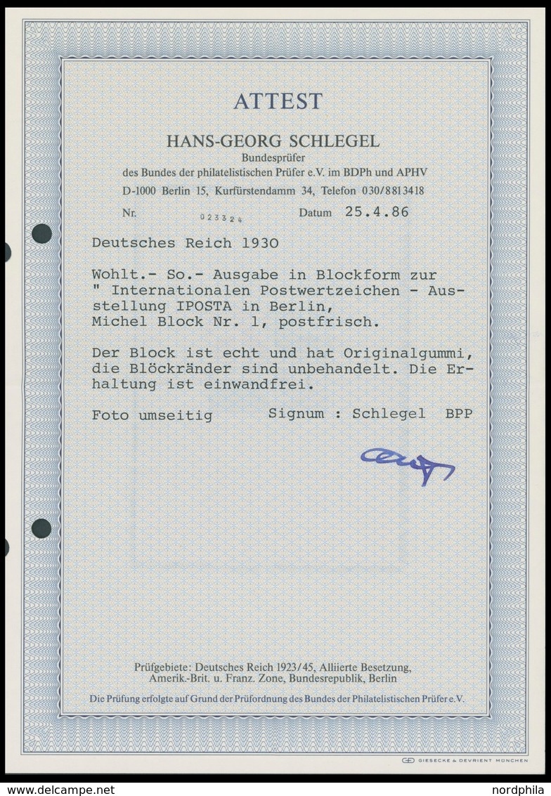 Dt. Reich Bl. 1 **, 1930, Block IPOSTA, Postfrisch, Signiert Und Fotoattest H.G. Schlegel: Die Erhaltung Ist Einwandfrei - Gebraucht