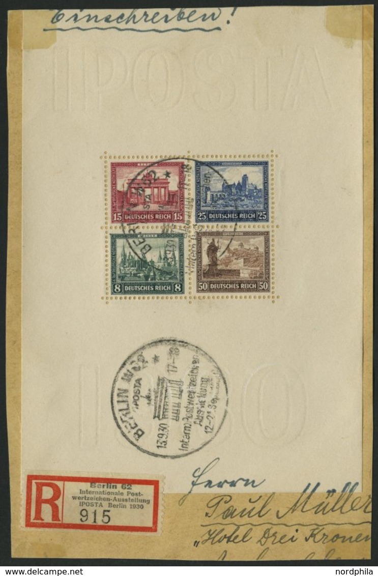 Dt. Reich Bl. 1 BrfStk, 1930, Block IPOSTA, Sonderstempel Auf Bedarfsbriefstück Mit R-Zettel Und übergehender Anschrift  - Usados