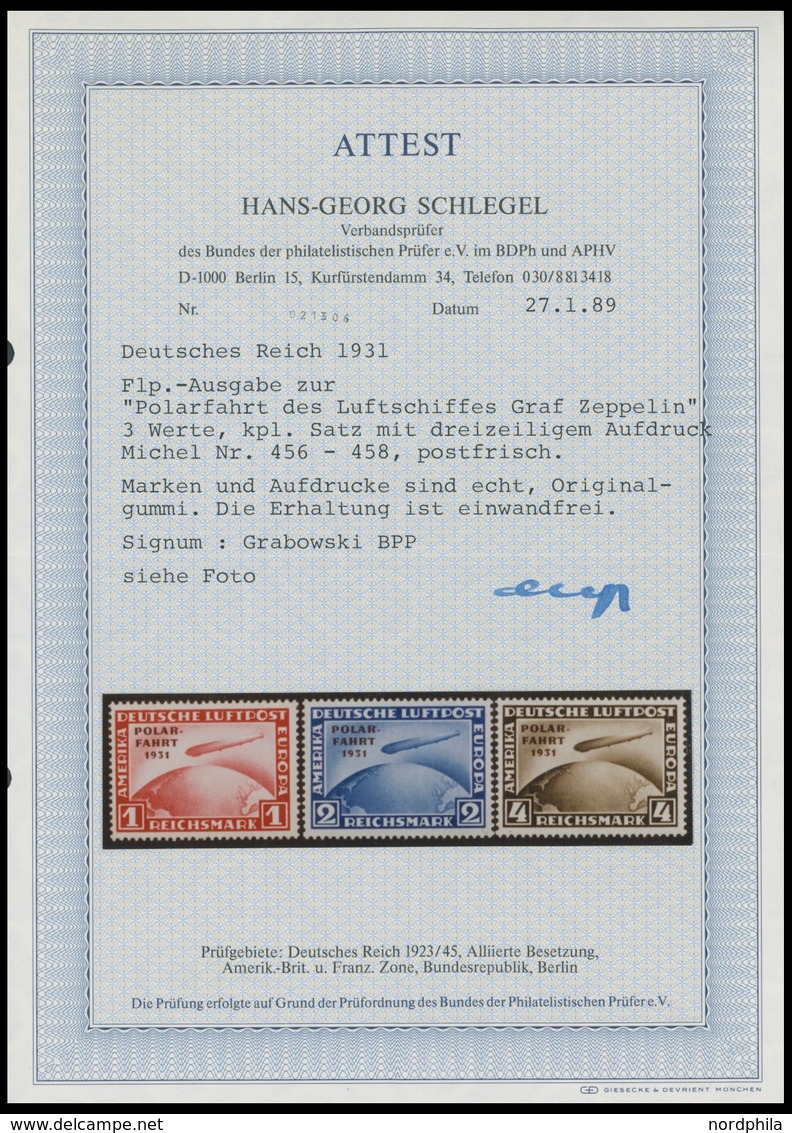 Dt. Reich 456-58 **, 1931, Polarfahrt, Postfrischer Prachtsatz, Gepr. Grabowski Und Fotoattest H.G. Schlegel: Die Erhalt - Gebraucht