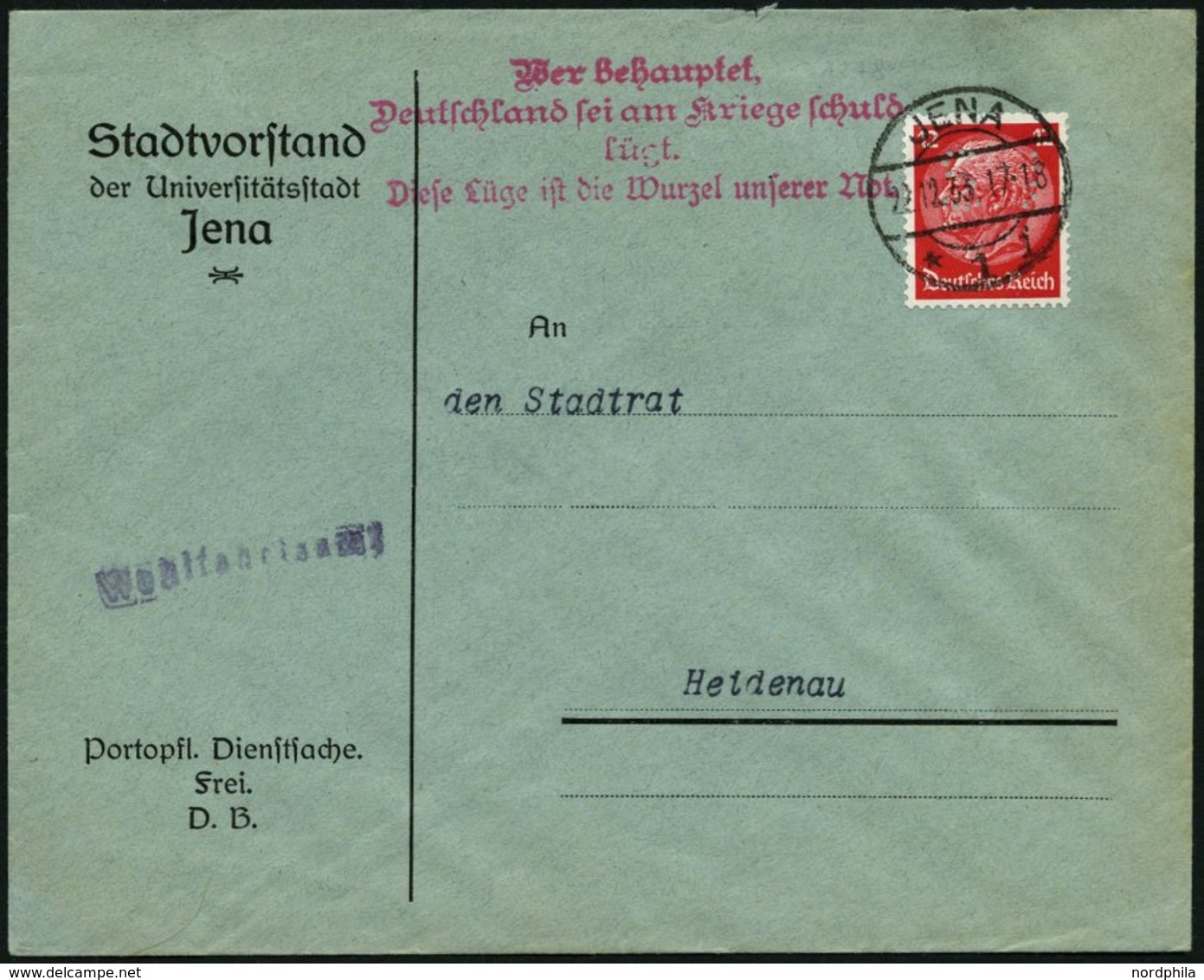 Dt. Reich 469 BRIEF, 1933, 12 Pf. Hindenburg Mit Lochung S.J. (Stadt Jena) Auf Portopflichtiger Dienstsache Aus JENA Mit - Gebraucht