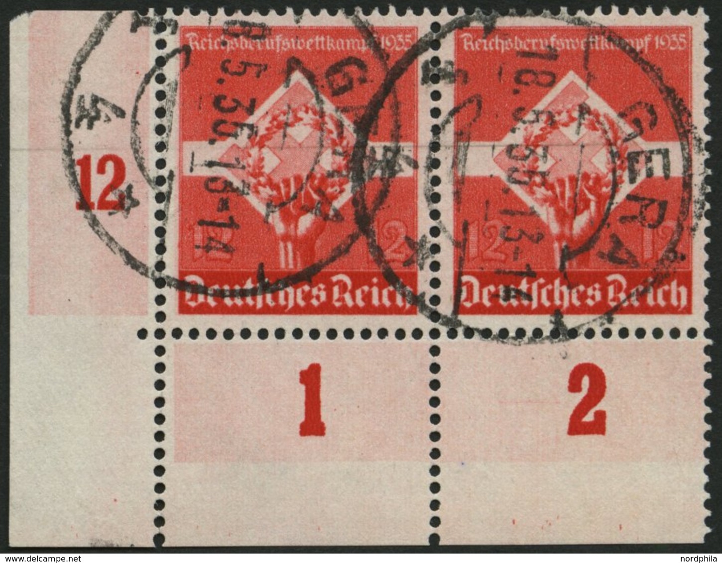 Dt. Reich 572 Paar O, 1935, 12 Pf. Reichsberufswettbewerb Im Paar Aus Der Linken Unteren Bogenecke, Feinst - Sonstige & Ohne Zuordnung