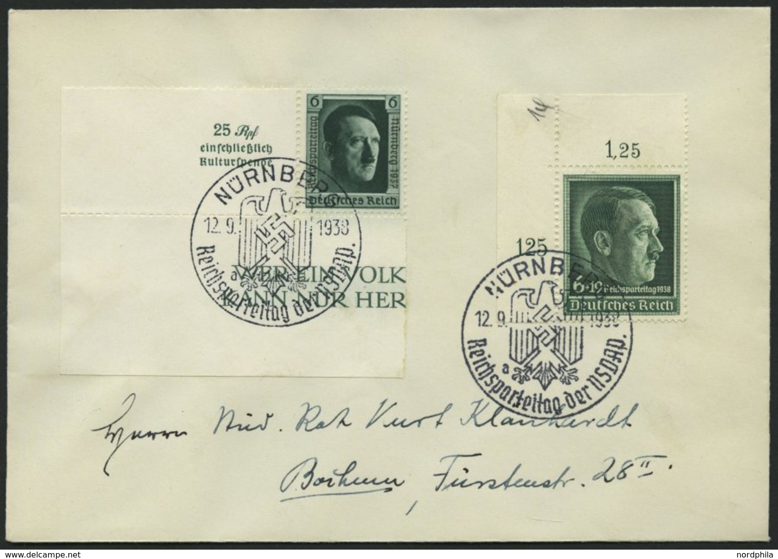 Dt. Reich 650,672x BRIEF, 1937/8, 6 Pf. Reichsparteitag, Linke Obere Bogenecke Und Einzelmarke Block, Sonderstempel, Pra - Autres & Non Classés