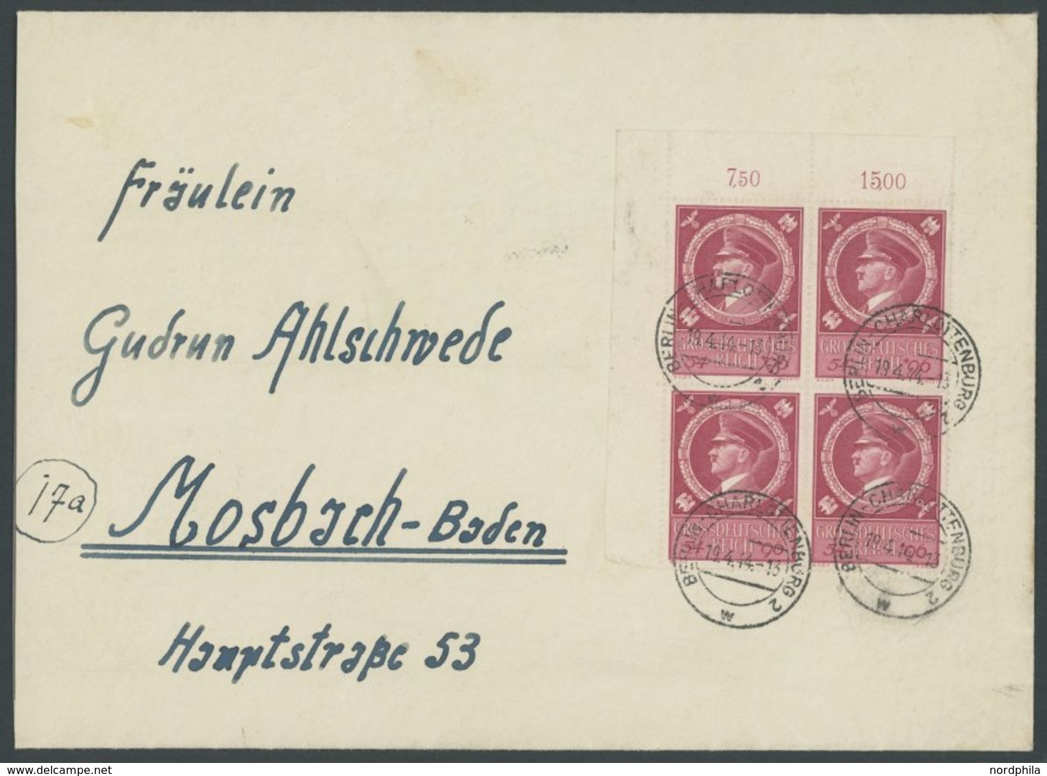 Dt. Reich 887 VB BRIEF, 1944, 54 Pf. 55. Geburtstag Im Viererblock Aus Der Linken Oberen Bogenecke Auf Umschlag, Pracht - Sonstige & Ohne Zuordnung