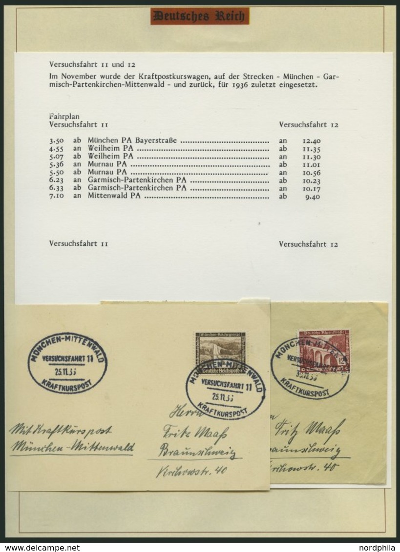 SAMMLUNGEN 1936, Spezialsammlung: Kraftkurspost Versuchsfahrten, Die Versuchsfahrten 1 - 12 Komplett Auf Belegen, Ausfüh - Usati