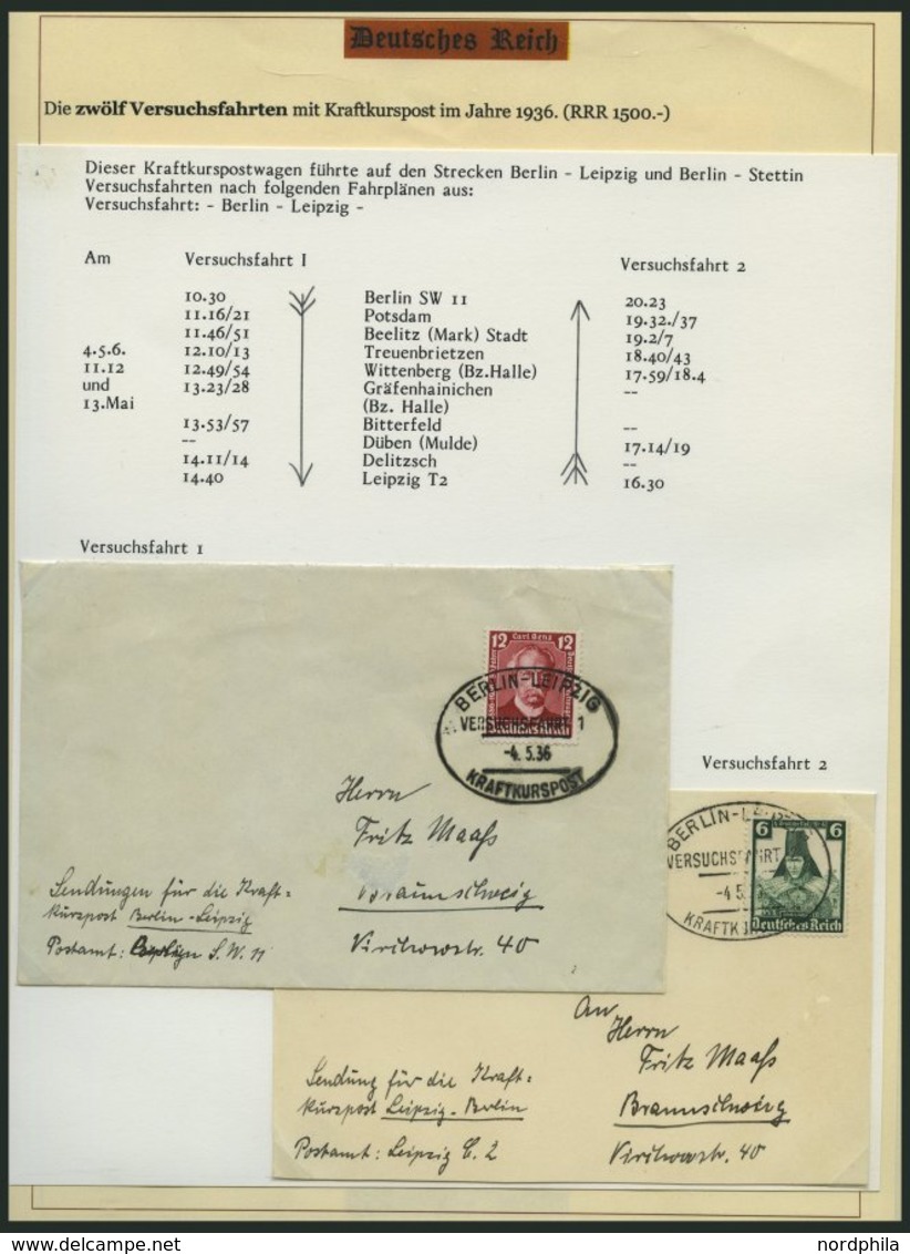 SAMMLUNGEN 1936, Spezialsammlung: Kraftkurspost Versuchsfahrten, Die Versuchsfahrten 1 - 12 Komplett Auf Belegen, Ausfüh - Usados