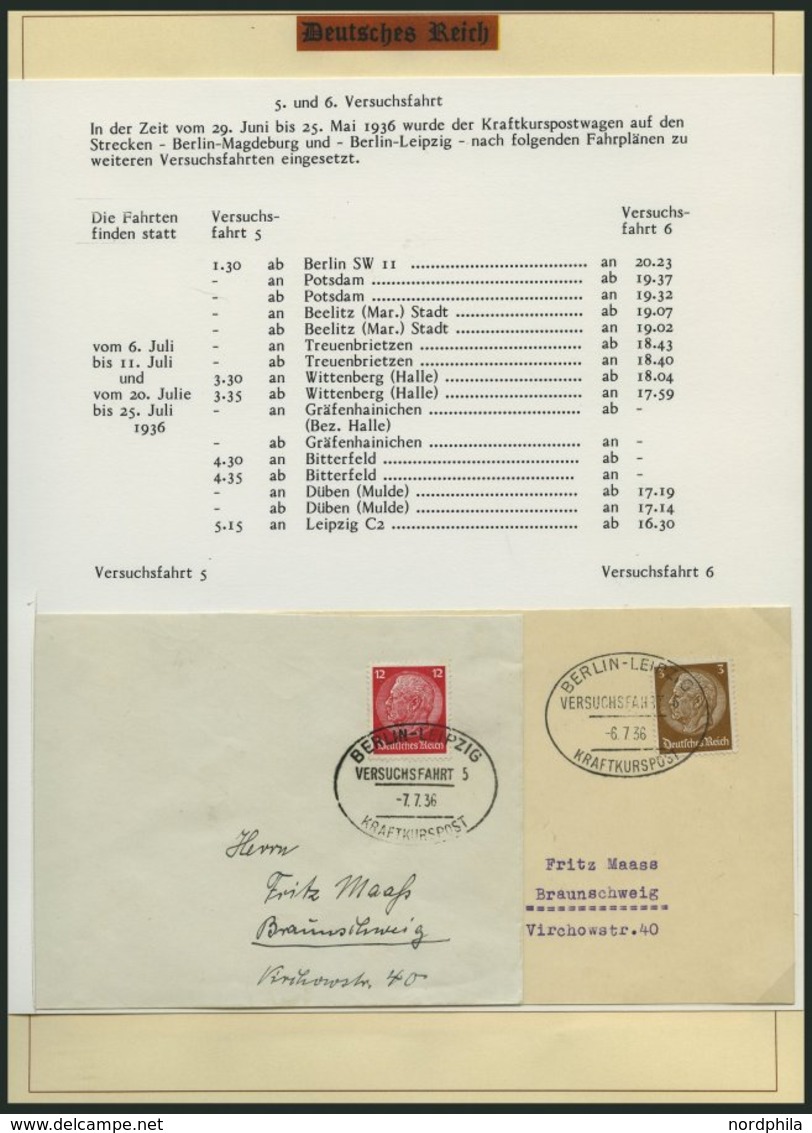 SAMMLUNGEN 1936, Spezialsammlung: Kraftkurspost Versuchsfahrten, die Versuchsfahrten 1 - 12 komplett auf Belegen, ausfüh