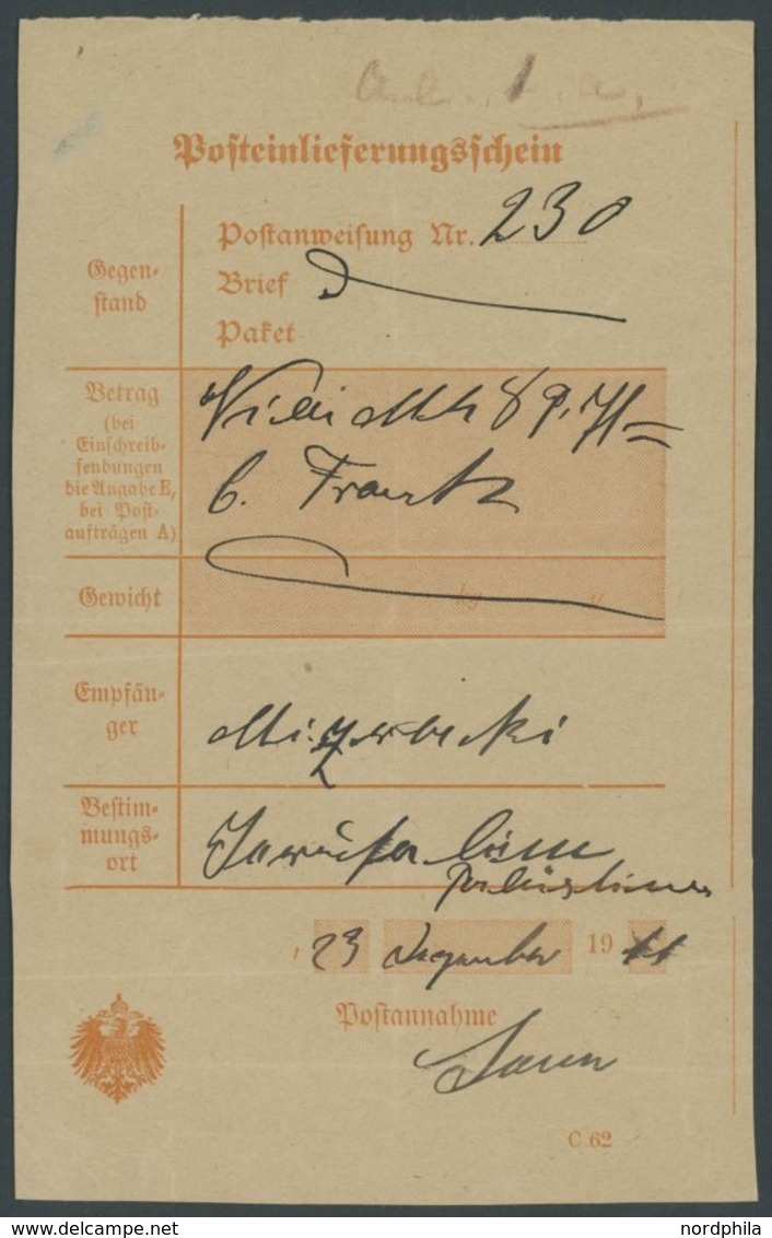 LOTS 1911, Posteinlieferungsschein Nach Jerusalem, Formulartype C 62, Feinst - Other & Unclassified