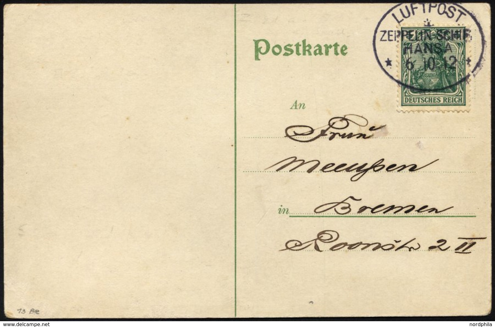 ZEPPELINPOST 6I BRIEF, 1912, Luftschiff Hansa, Fahrt Hamburg-Bremen-Hamburg Vom 6.10.1912, Mit Bordpoststempel In Type I - Zeppelins