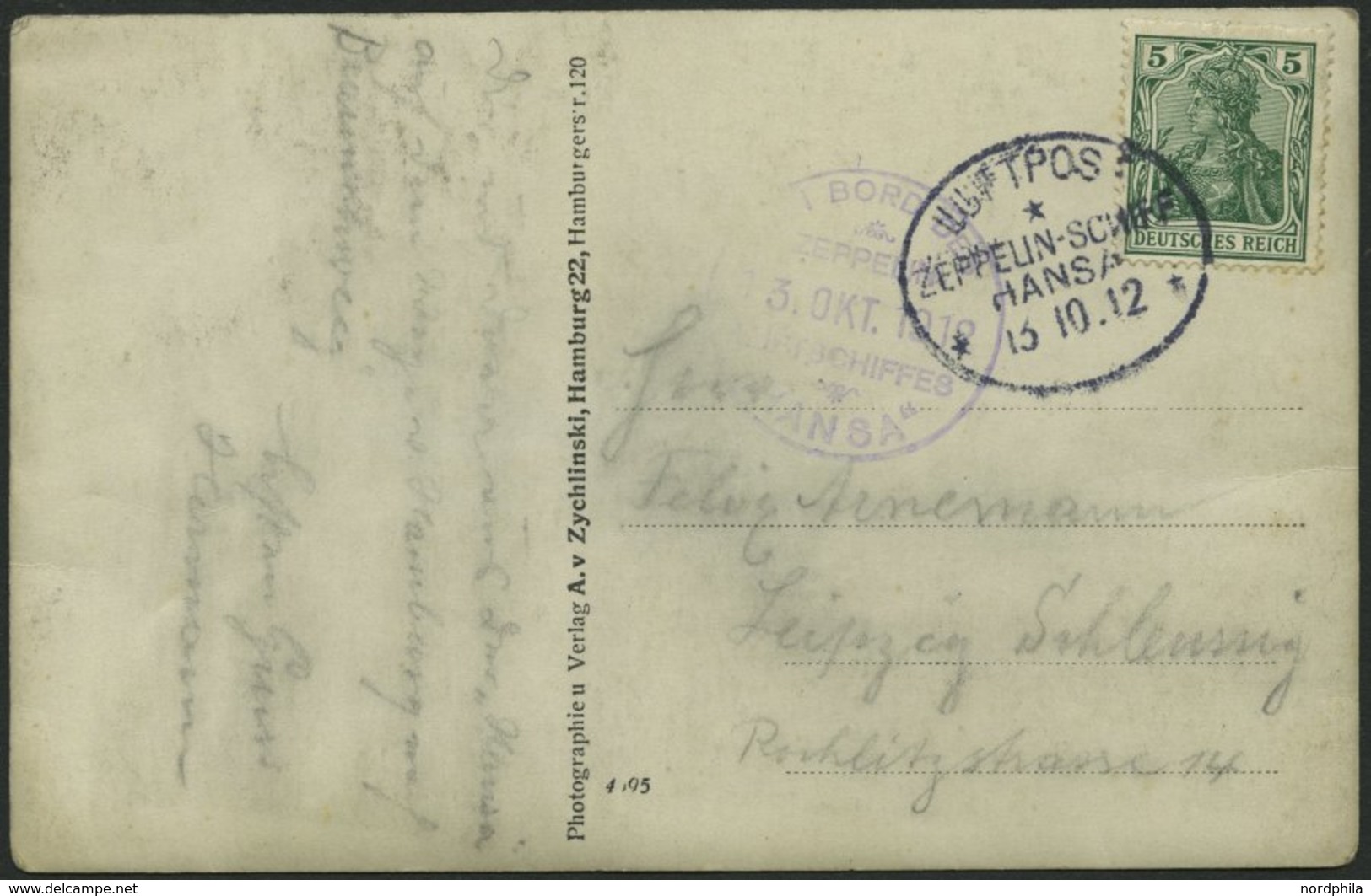 ZEPPELINPOST 6Ia BRIEF, 1912, Luftschiff Hansa, Bordpoststempel Und Bordpost Vom 13.13.12 Von Der Fahrt Von Hamburg Nach - Zeppeline