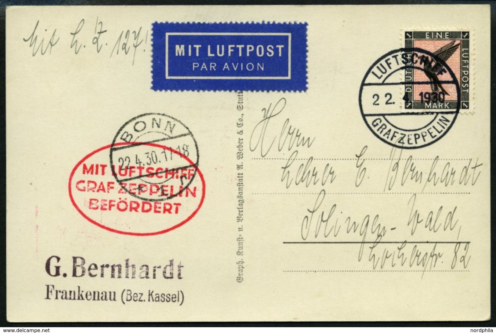 ZEPPELINPOST 54B BRIEF, 1930, Landungsfahrt Nach Bonn, Bordpost Der Hinfahrt, Prachtkarte - Zeppelin