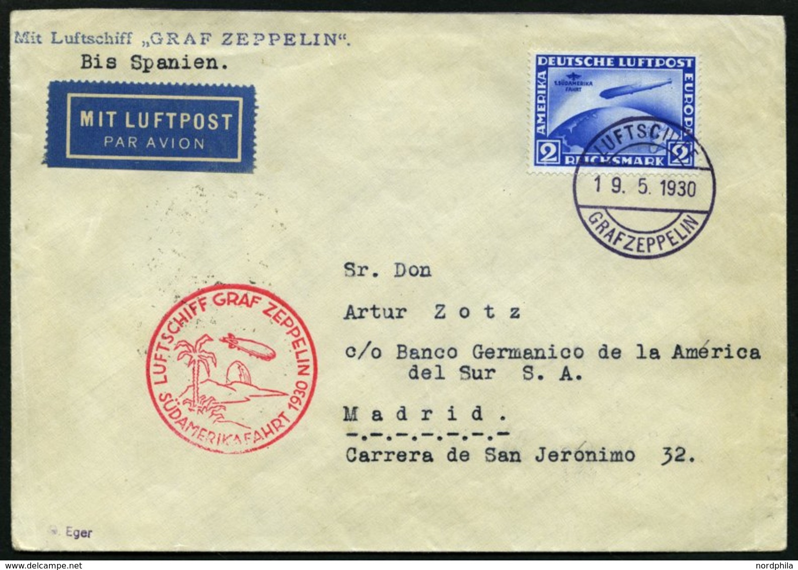 ZEPPELINPOST 57A BRIEF, 1930, Südamerikafahrt, Bordpost, Fr`hafen-Sevilla, Prachtbrief - Zeppelin