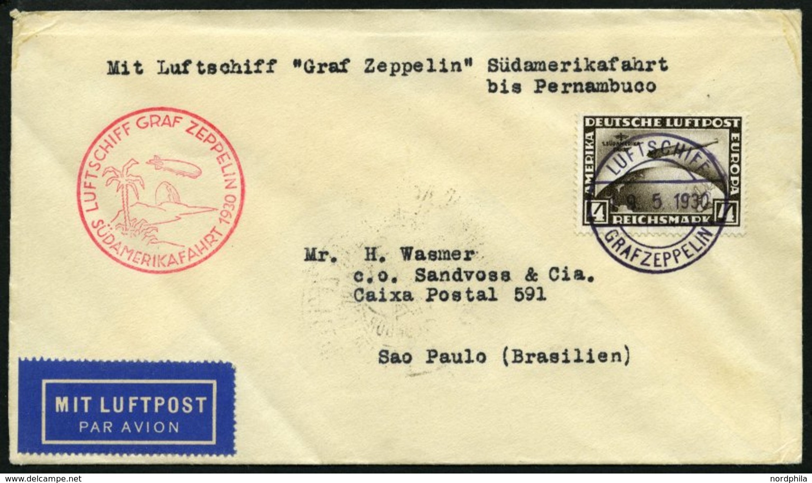 ZEPPELINPOST 57C BRIEF, 1930, Südamerikafahrt, Fr`hafen-Pernambuco, Prachtbrief - Zeppelines