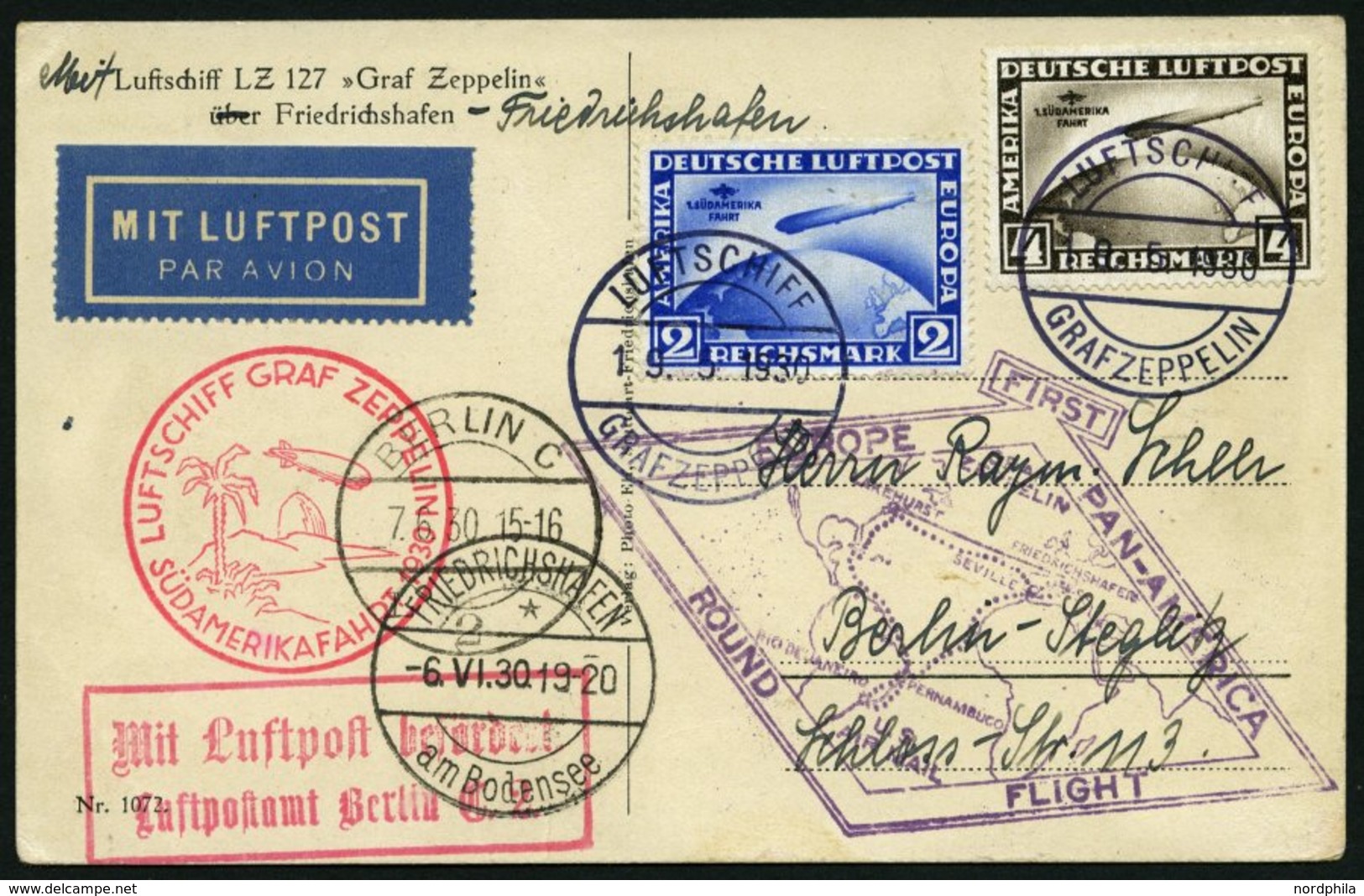 ZEPPELINPOST 57H BRIEF, 1930, Südamerikafahrt, Bordpost, Fr`hafen-Fr`hafen, Leicht Angestoßene Prachtkarte - Zeppelines