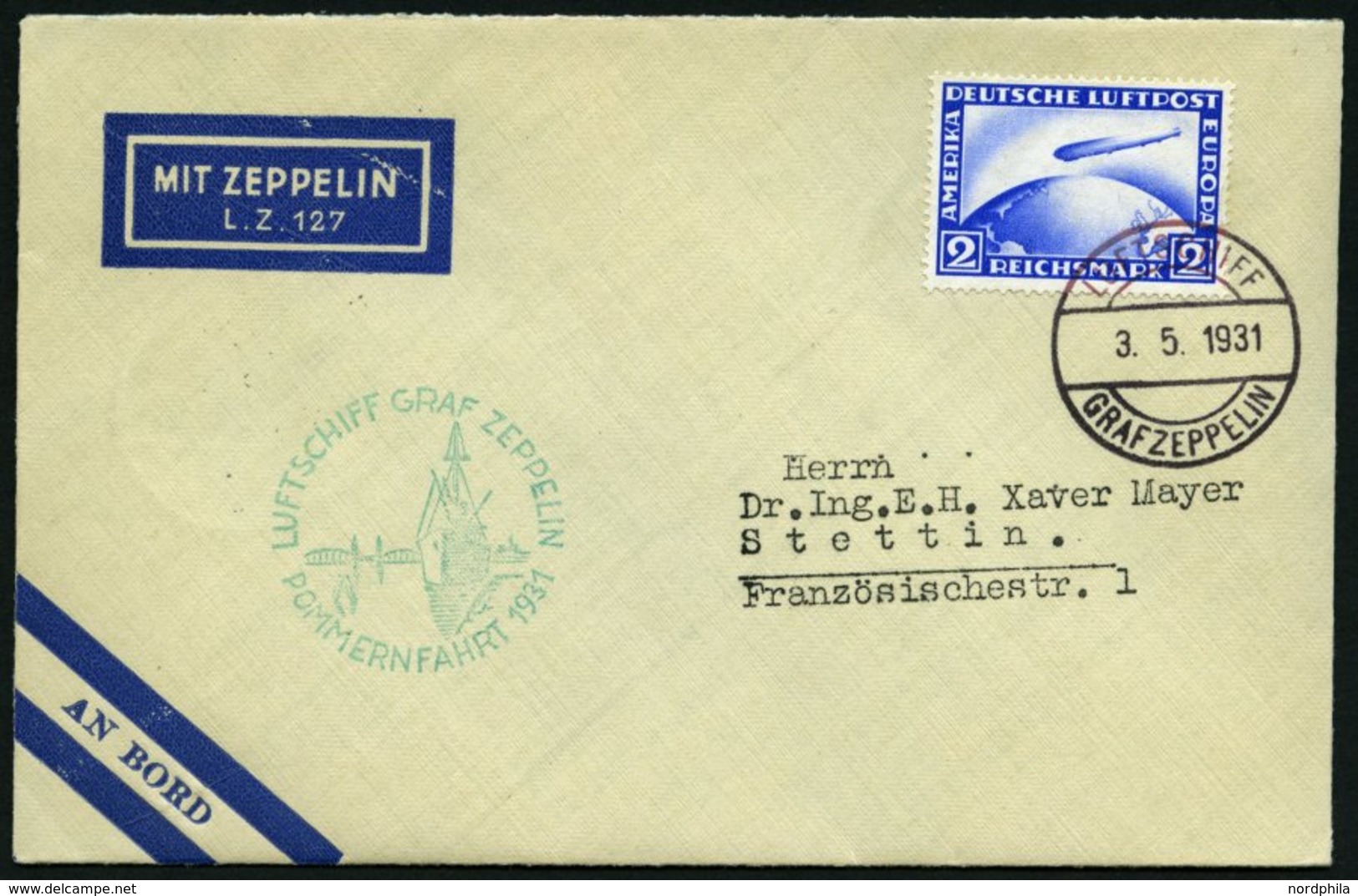 ZEPPELINPOST 106Ab BRIEF, 1931, Pommernfahrt, Bordpost Nach Stettin, Frankiert Mit 2 RM, Prachtbrief - Zeppelin