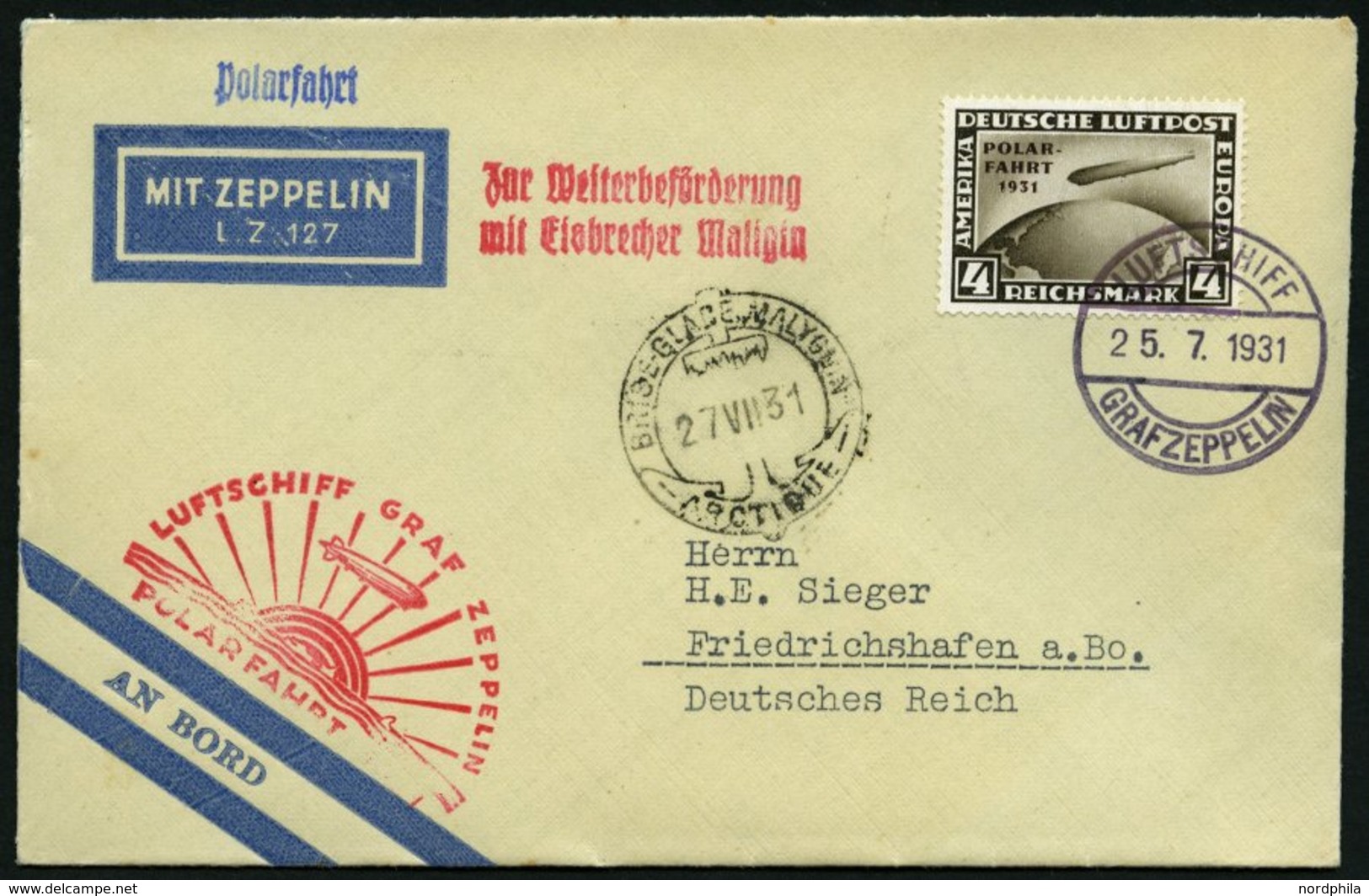 ZEPPELINPOST 119C BRIEF, 1931, Polarfahrt, Bordpost Bis Malygin, Frankiert Mit 4 RM, Prachtbrief - Zeppelin