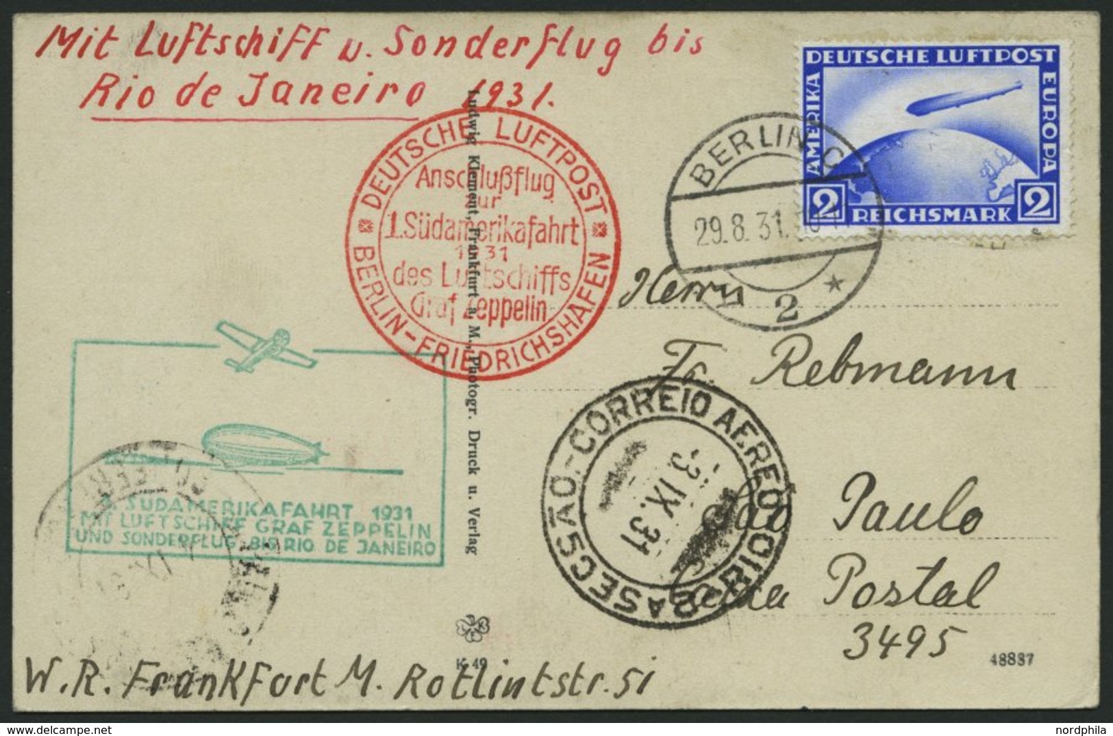 ZEPPELINPOST 124Dc BRIEF, 1931, 1. Südamerikafahrt, Anschlußflug Ab Berlin Bis Rio De Janeiro, Frankiert Mit 2 RM, Karte - Zeppeline