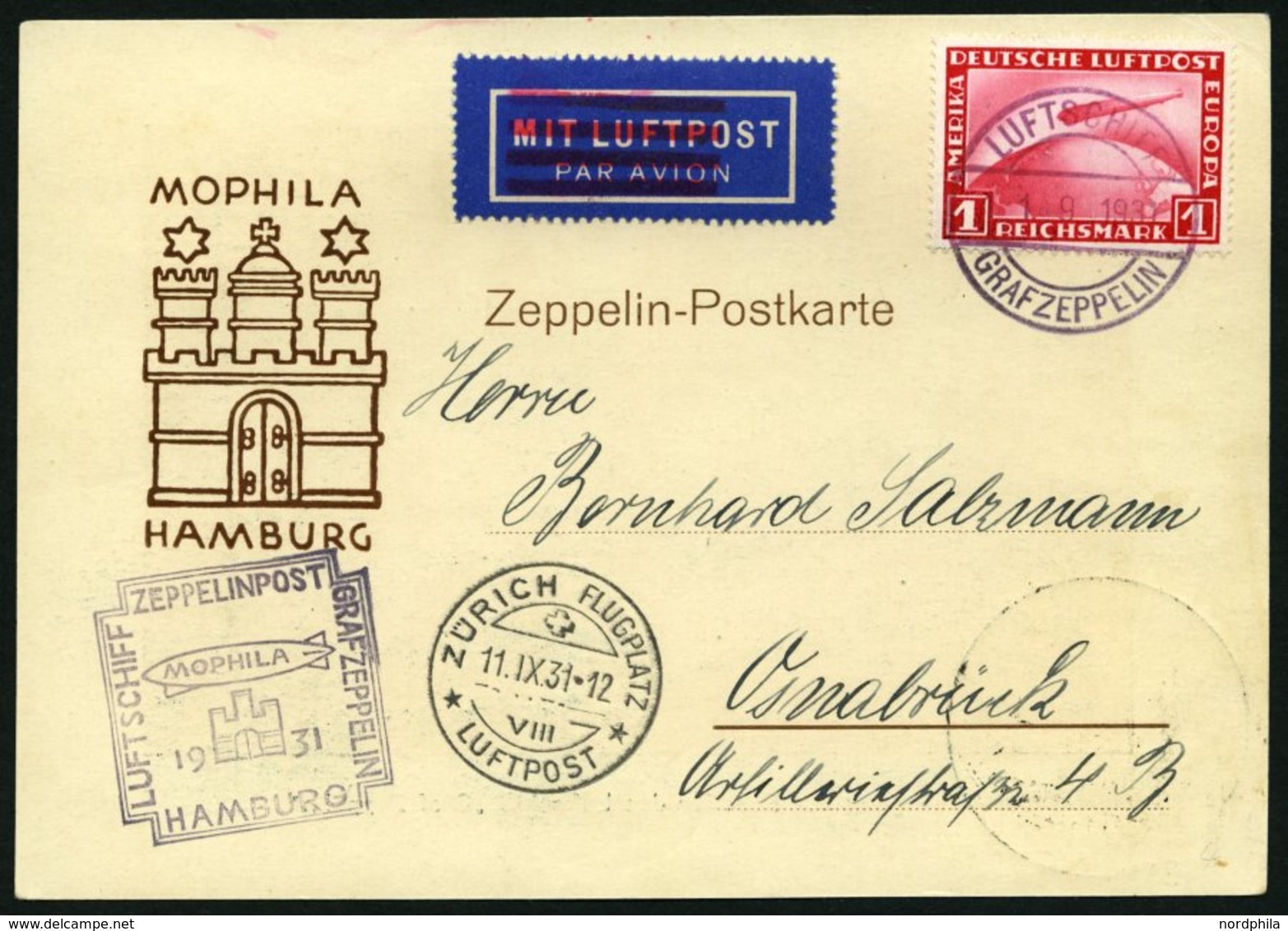 ZEPPELINPOST 127B BRIEF, 1931, Zürichfahrt, Bordpost Mit Zusatzstempel In Type I Auf Sonderkarte Der Mophila Hamburg In  - Zeppelines