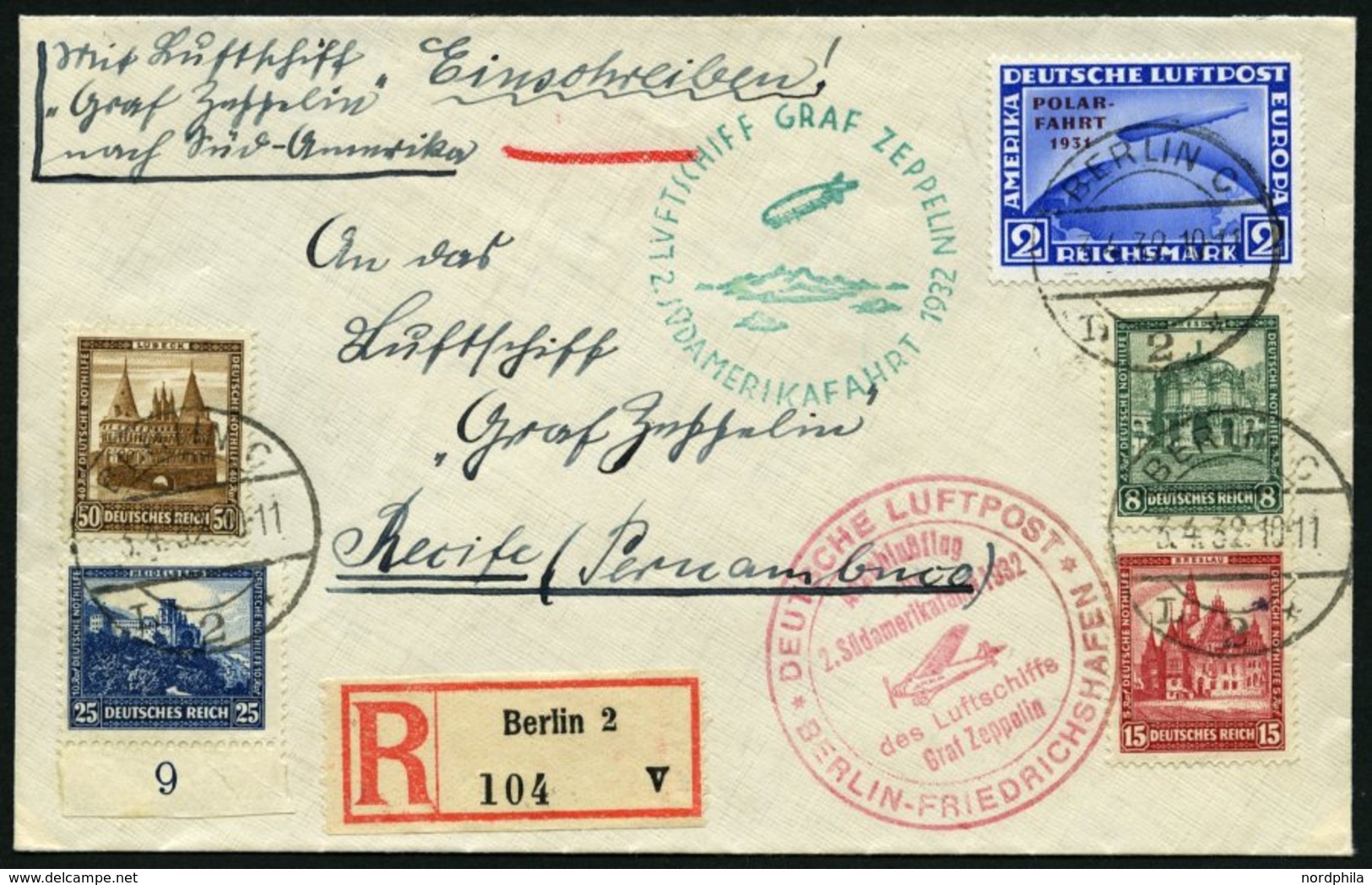 ZEPPELINPOST 143B BRIEF, 1932, 2. Südamerikafahrt, Anschlußflug Ab Berlin, Frankiert Mit 2 RM Polarfahrt Und Nothilfe, E - Zeppeline