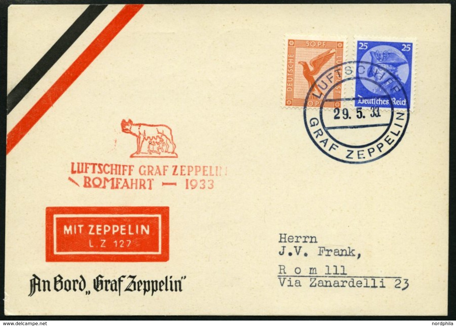 ZEPPELINPOST 207Bb BRIEF, 1933, Italienfahrt, Postabgabe Rom, Bordpost, Prachtkarte - Zeppelin