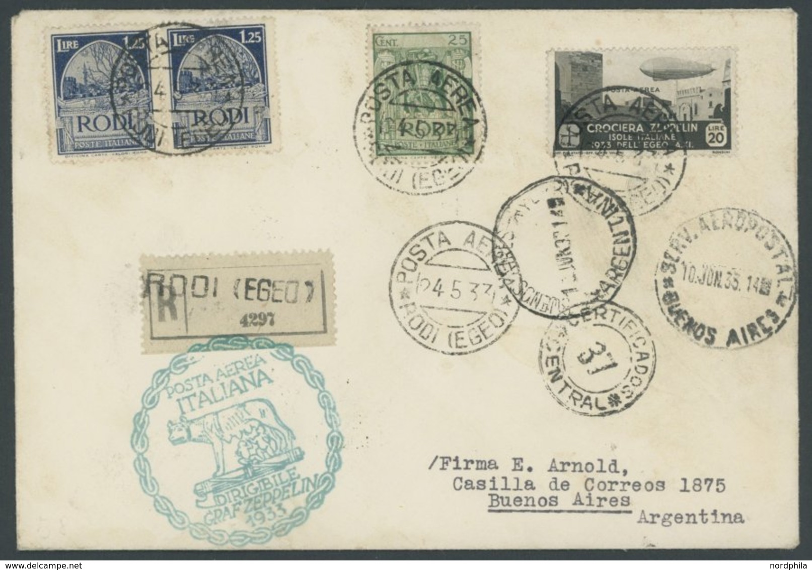 ZEPPELINPOST 211F BRIEF, 1933, Italienfahrt, Ägäische Inseln, Frankiert Mit Zeppelinmarke Zu 20 Lire, Einschreibbrief üb - Zeppeline