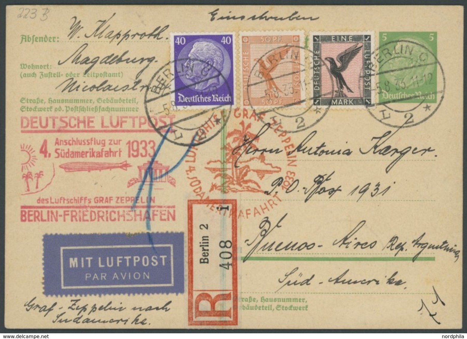 ZEPPELINPOST 223B BRIEF, 1933, 4. Südamerikafahrt, Anschlußflug Ab Berlin, Einschreibkarte, Pracht - Zeppelin