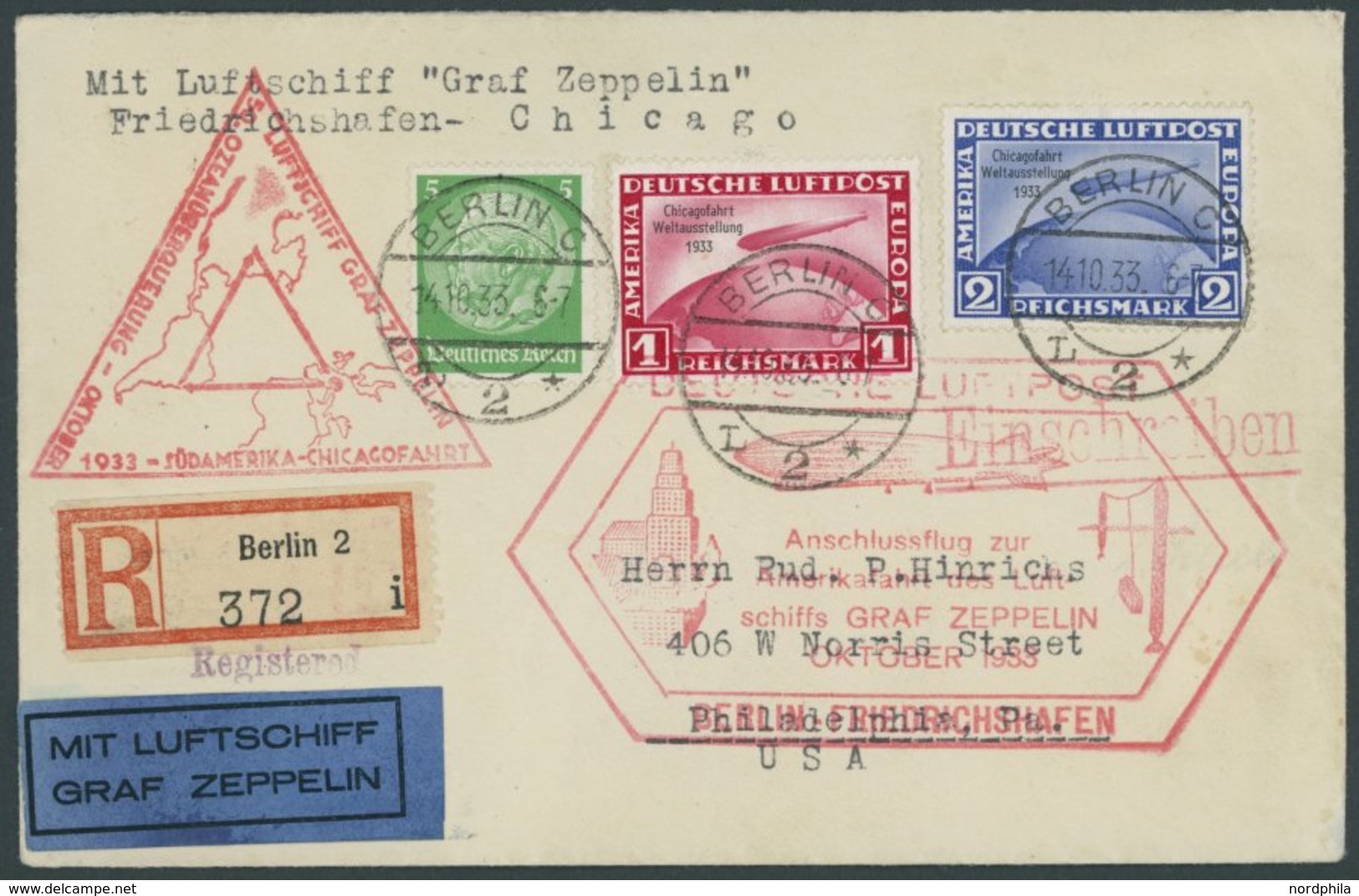 ZEPPELINPOST 238E BRIEF, 1933, Chicagofahrt, Anschlussflug Ab Berlin, Einschreibbrief Mit 1 Und 2 RM Chicagofahrt, Prach - Zeppelins