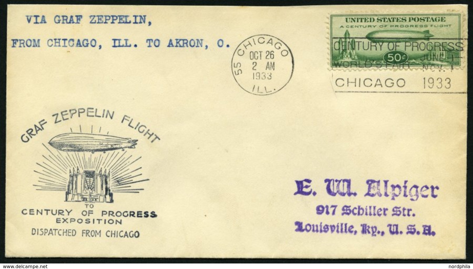 ZEPPELINPOST 244A BRIEF, 1933, Chicagofahrt, US-Post, Chicago-Akron, Prachtbrief - Zeppelins