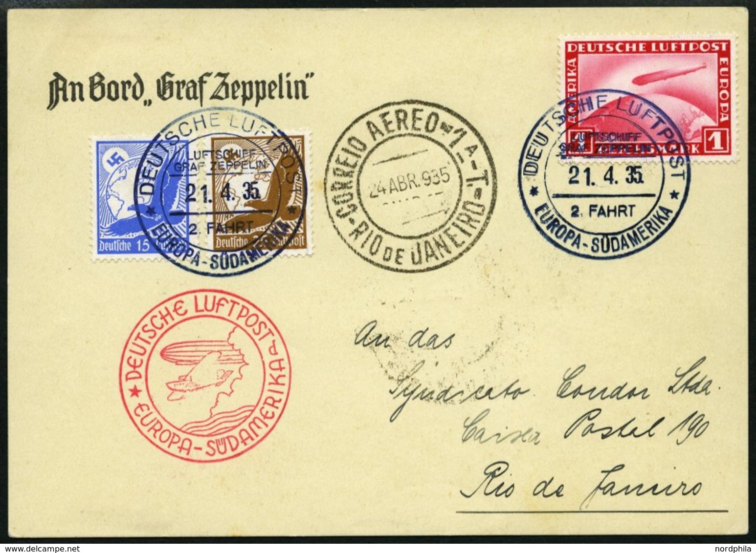 ZEPPELINPOST 293Ab BRIEF, 1935, 2. Südamerikafahrt, Bordpost Mit Stempel D, Prachtkarte - Zeppelin