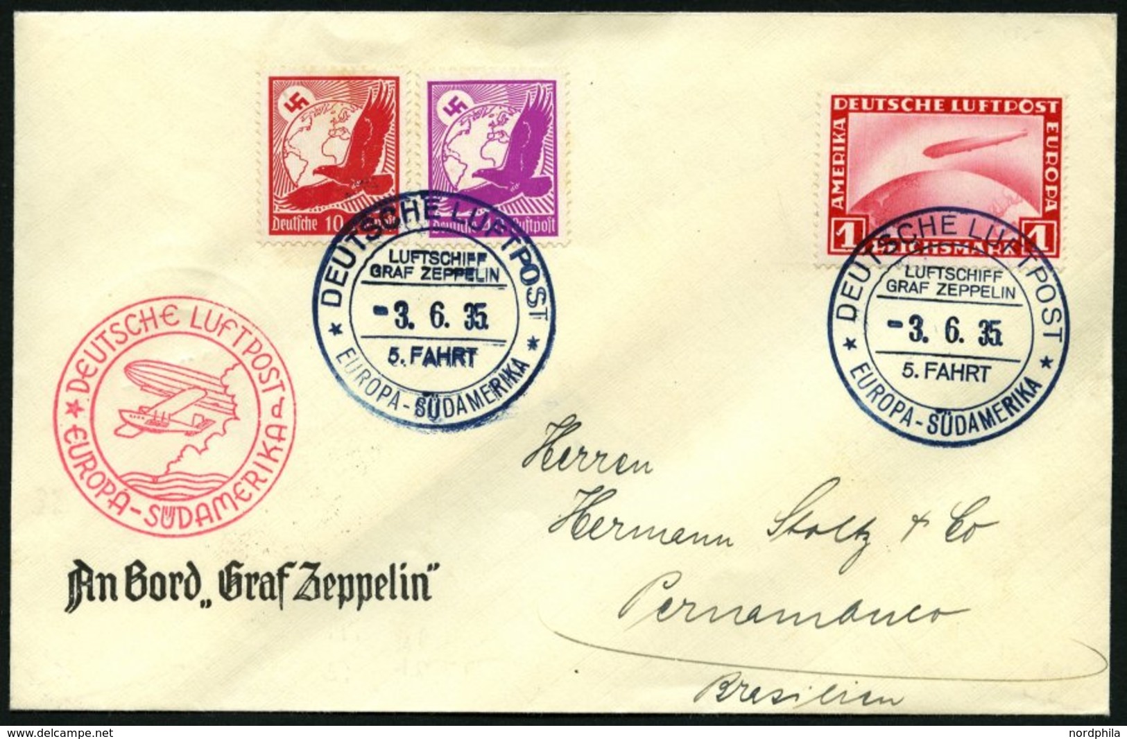 ZEPPELINPOST 302Ab BRIEF, 1935, 5. Südamerikafahrt, Bordpost Mir Stempel D, Prachtbrief - Zeppelin