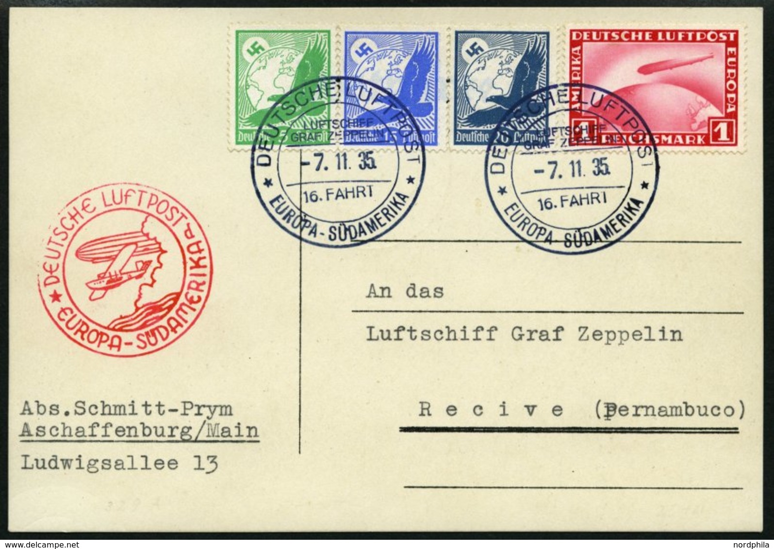 ZEPPELINPOST 329Ab BRIEF, 1935, 16. Südamerikafahrt, Bordpost Mit Stempel D, Prachtkarte - Zeppelin