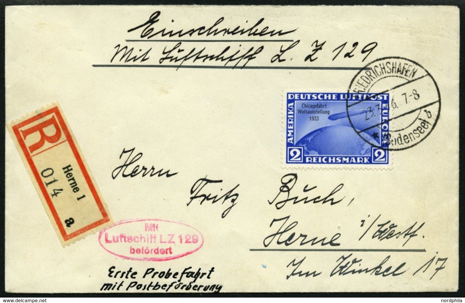 ZEPPELINPOST 401Ab BRIEF, 1936, 1. Postfahrt Hindenburg, Auflieferung Fr`hafen, Einschreibbrief Mit 2 RM Chicagofahrt, P - Zeppelins